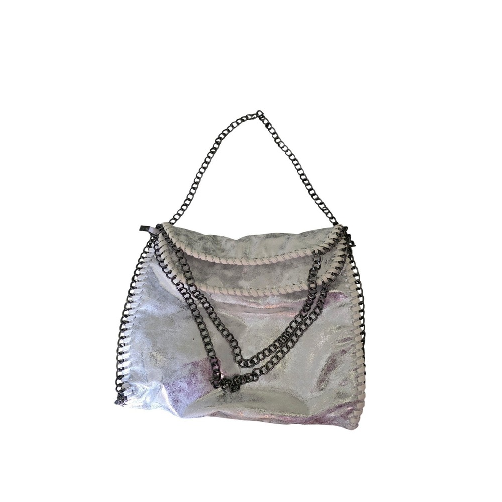 Silver Metallic Tote Bag Chain Trim Shoulder Bag Unbranded - Picture 6 of 7